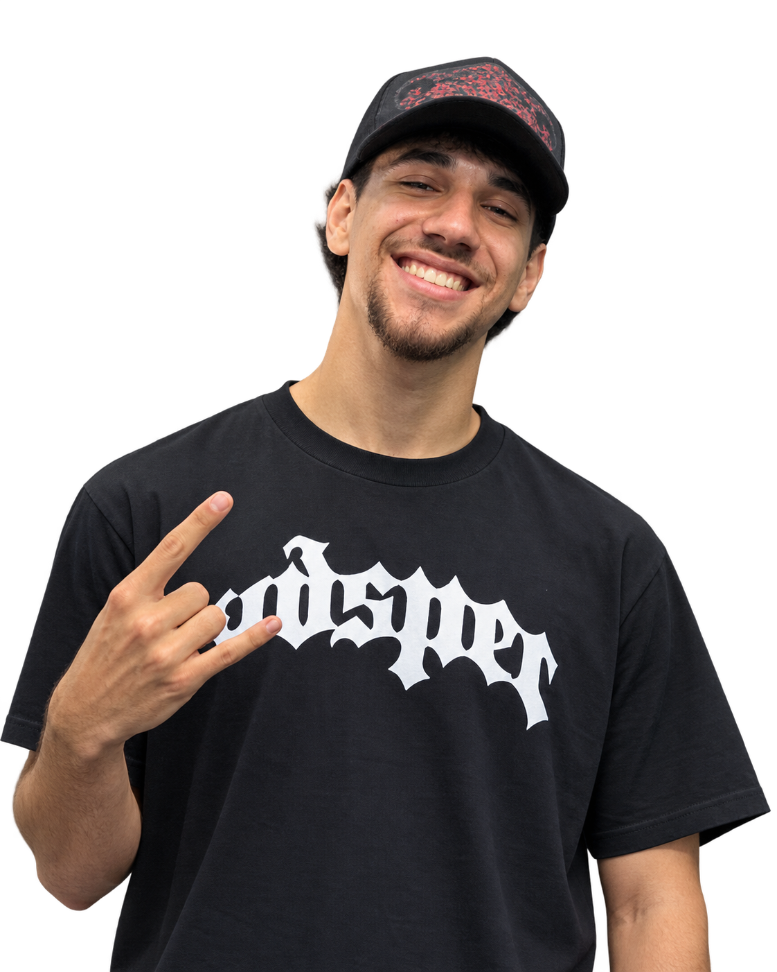 Portrait concept of Davell smiling in a black cap and T-shirt